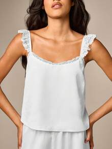 AiiRZ Luxe Lace Trim Camisole And Shorts Pajama Set Sleepwear Loungewear Boxy Fit Nightwear Comfort Two Piece Summer Sleep Set - White - View 2