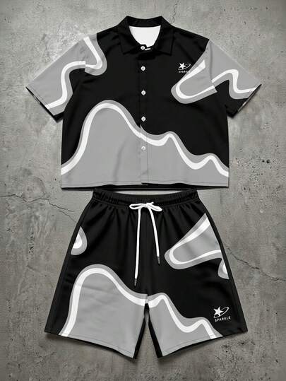 Manfinity EMRG Men's Contrast Color Button Front Short Sleeve Crop Shirt And Drawstring Waist Shorts Casual Set