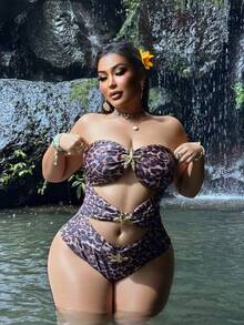 Swim SXY 2026 Leopard Print One-Piece Swimsuit, Hollow-Out Digital Printing Swimwear With Adjustable Straps For Summer, Beach Beach Vacation, Holiday - Multicolor - View 6
