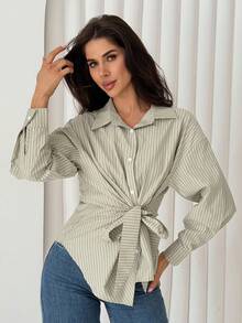 DAZY Camisa a rayas con cintura ceñida asimétrica para mujer, blusa de lino elegante de manga larga para ir a trabajar, primavera y verano - Verde - Ver 6