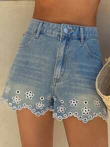 DAZY Quần short denim nữ kiểu dáng thường ngày, thêu họa tiết dày dặn, bạc màu, thích hợp cho mùa hè. - Màu xanh lam - Xem 6