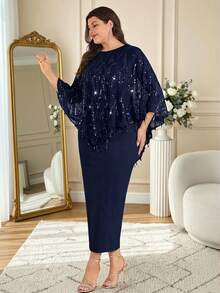 Modelyn Plus Size Solid Color Round Neck Raglan Casual Mesh Patchwork Sequin Decor Elegant 2-Piece Set - Navy Blue - View 8