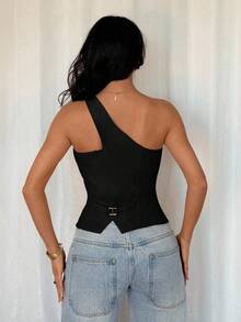 SHEIN Tall 女款無袖露背優雅通勤百搭上衣，附內裡，夏季社交上衣，適合高個女性 - 黑色 - 查看 2