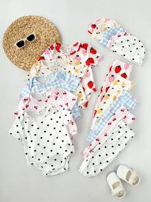 15-Piece Newborn Girl Casual Cute Knitted Striped Strawberry Print Short-Sleeve Romper And Hat Set (Cartoon Style) - Multicolor - View 7