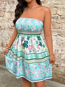 Breezaya Plus Size Women Floral Print Ruched Casual Vacation Date Tube Dress - Multicolor - View 6