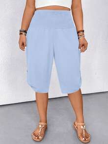 SHEIN LUNE CURVE Plus Size Women Casual Drawstring Waist Bermuda Shorts, Versatile - Sky Blue - View 4