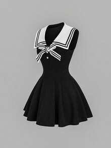 Sweetra Nuevo vestido azul casual, cómodo y versátil para primavera/verano, con estilo universitario elegante, de corte ceñido y escote náutico retro sexy para mujer - Negro - Ver 3