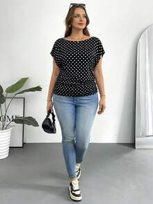 Shapeblank Plus Size Women's Casual Retro Polka Dot Pattern Fabric T-Shirt, Suitable For Summer, Black - Black - View 6