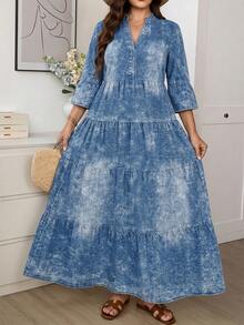Comfylo Vestido elegante con cuello en pico y volantes en el bajo para mujer de talla grande en azul - Azul - Ver 6