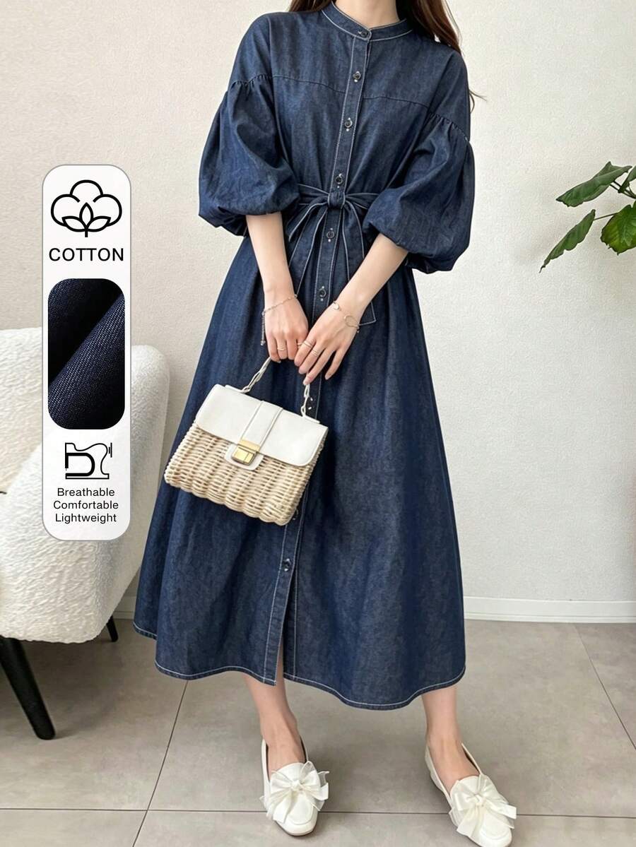 FRIFUL Vestido vaquero de mujer de manga farol suelta de hombros caídos, de un solo pecho, para uso casual, trayecto diario, primavera/verano/otoño - Azul lavado oscuro - Ver 1