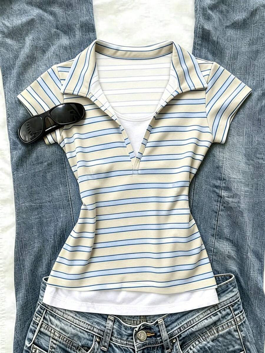 Glimmora Áo polo nữ kiểu retro mùa hè mới, kẻ sọc vàng trắng, 2 trong 1, tay ngắn, cổ chữ V, dáng ôm, phong cách vintage thường ngày. - Màu xanh nhạt - Xem 1