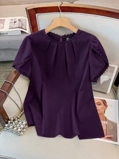 GlowEve CURVE Women's Elegant Casual Solid Color Lace Patchwork Ruffle Collar Petal Sleeve Blouse