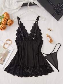 Seduluxe Set de 2 piezas: Lencería de talla grande y sensual con contraste de encaje y malla en escote profundo con tanga a juego - Negro - Ver 2