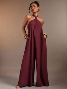 Hauture Women's Sexy Solid Color Backless Halter Neck Loose Jumpsuit - Burgundy - View 4
