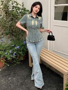 DAZY 复古水洗浅蓝色毛边拼接休闲甜美少女风修身宽松度假街头风轻薄户外短袖女式牛仔外套，适合春夏Y2K风格 - 淺色水洗藍 - 查看 3