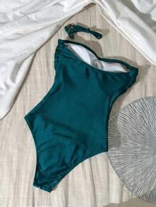 Swim Chiccia Solid Color Fabric With Metal Decor Design, Elegant Sexy One-Piece For Women - Green - View 2