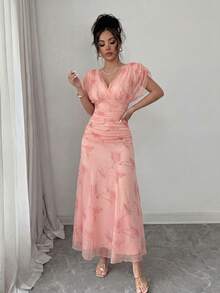 Elenzga 女士浅粉色网纱印花牡丹花卉长裙，带衬里，适合20-35岁以上女性出席正式晚宴、婚礼、情人节约会（随机花卉图案） - 橘色 - 查看 5