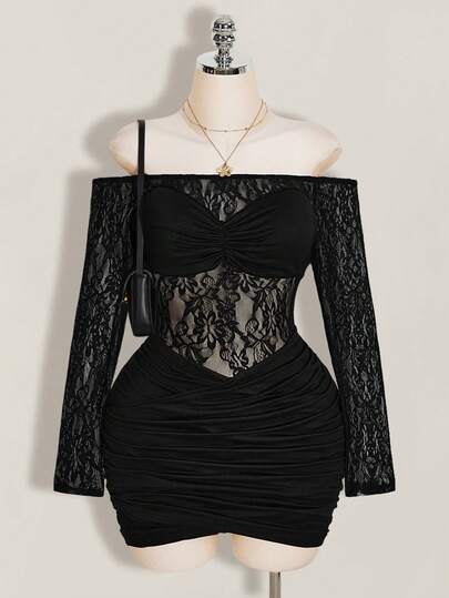 SHEIN ICON Vestido de encaje con hombros descubiertos para mujer de talla grande