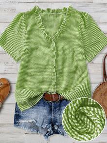 Linhara Plus Size Women's Solid Color Textured V-Neck Short Sleeve Casual Regular Blouse, Suitable For Going Out, Vacation, Club - Green - View 1