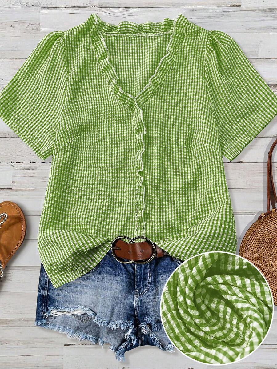 Linhara Plus Size Women's Solid Color Textured V-Neck Short Sleeve Casual Regular Blouse, Suitable For Going Out, Vacation, Club - Green - View 1