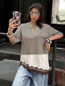 Muchica Brown Stripe Stripe Knit Patchwork Satin Lace Women T-Shirt Everyday Summer Casual Streetwear Back-To-School Student Daily - Multicolor - View 1