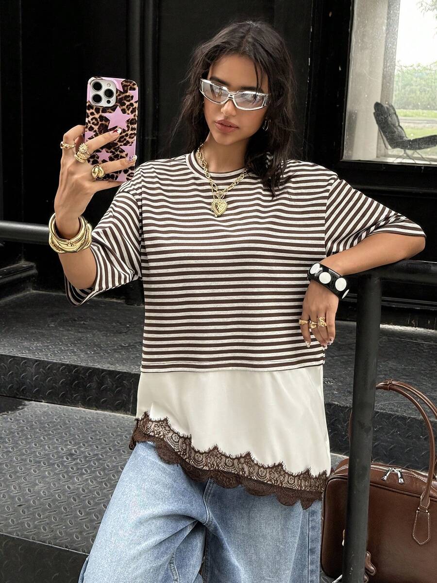 Muchica Brown Stripe Stripe Knit Patchwork Satin Lace Women T-Shirt Everyday Summer Casual Streetwear Back-To-School Student Daily - Multicolor - View 1