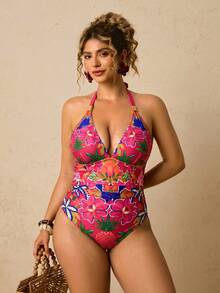 Travachic Traje de baño de una pieza con estampado floral colorido, escote halter en V, para mujer talla grande, ideal para vacaciones en la playa tropical - Multicolor - Ver 8