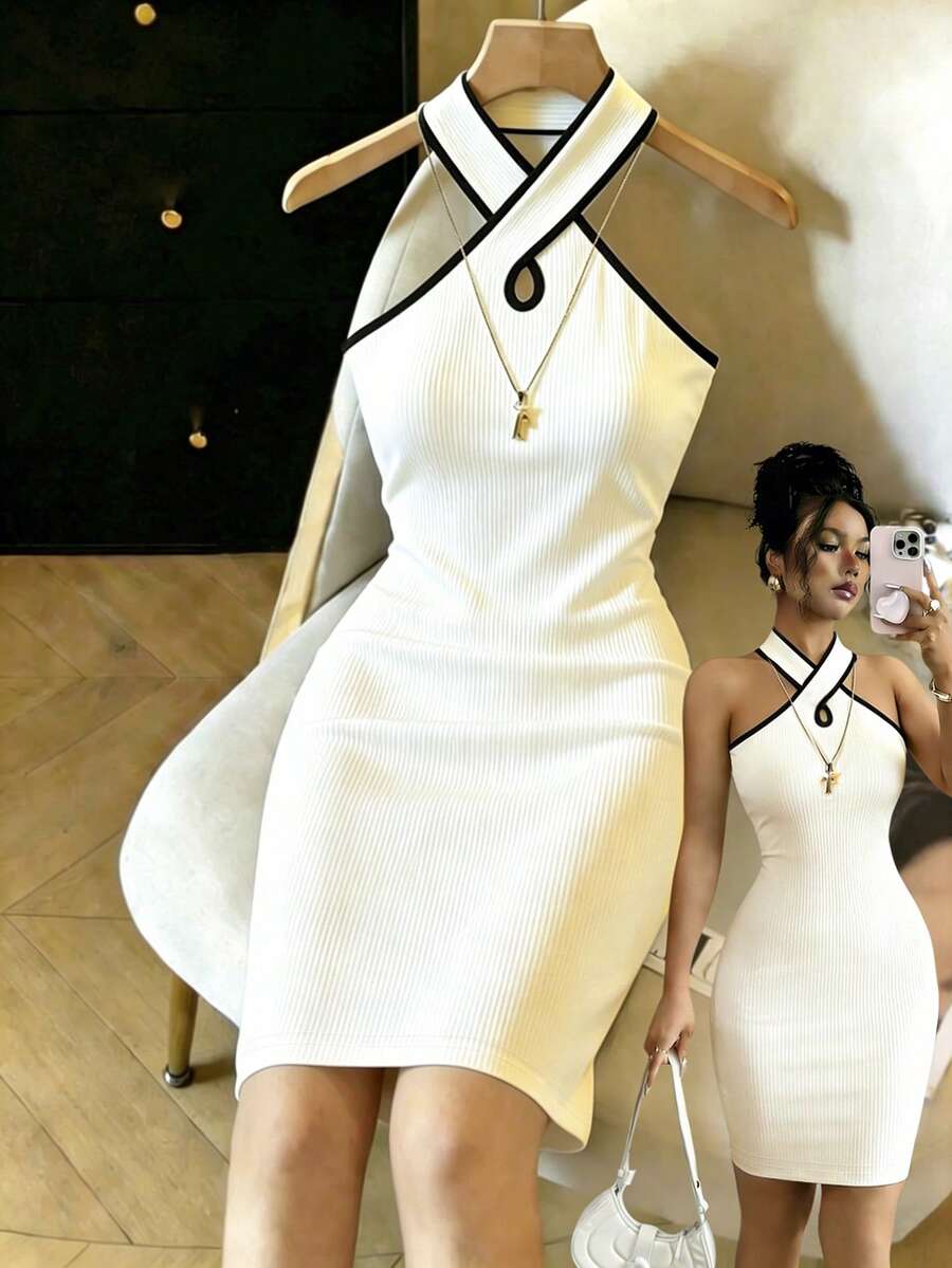 SHEIN Franclia Đầm ôm sát gợi cảm hở lưng phối màu tối giản cho nữ, đầm cổ yếm, đầm ôm sát cơ thể, đầm thanh lịch cho nữ, đầm cổ yếm trắng, đầm cho nữ, đầm trắng cổ yếm, đầm nữ, đầm ngắn, đầm ôm sát, đầm chất lượng cao, đầm phổ biến, đầm ấn tượng, đầm cỡ XXS. - trắng - Xem 1