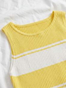 SHEIN Summer Chic Vacation White And Yellow Contrast Color Ribbed Knit Dress,Sleeveless Fitted Ruffle Hem A-Line Navy Style Office Commute Dress For Women - Light Yellow - View 5