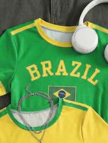Áo thun croptop cho bé gái in họa tiết toàn thân, phối màu Dopamine, chủ đề Brazil, viền tương phản với họa tiết quốc kỳ, áo thun thường ngày phù hợp cho đi học, thể thao, mùa hè và mùa thu. - Nhiều màu - Xem 4