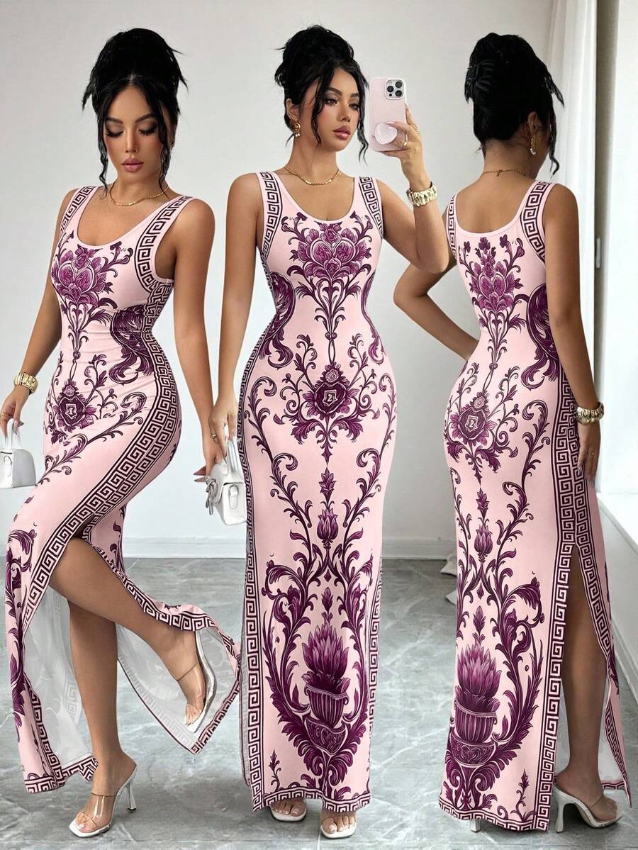 SHEIN Elenzya Printed Chinoiserie Waist-Cinching Slit Retro Elegant Middle Eastern UAE Style Robe, Tight Fit, Pink, Sleeveless Night Out Vacation Summer - Coral Pink - View 1
