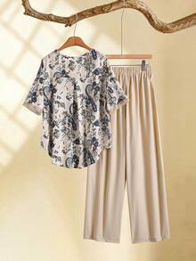 Rusticease Women's Floral Print Lace Patchwork V-Neck Blouse And Casual Pocket Long Pants Set,Elegant Summer Holiday Vacation Outfits,Birthday Wedding Outfits - Khaki - View 2