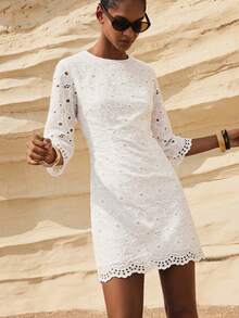 Gossip Girl X SHEIN SHEIN Maija 女士纯色镂空刺绣休闲夏季迷你连衣裙 - 白色 - 查看 1