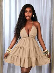 BamGleam Solid Color Tie-Up Backless Halter Layered Dress - Khaki - View 4