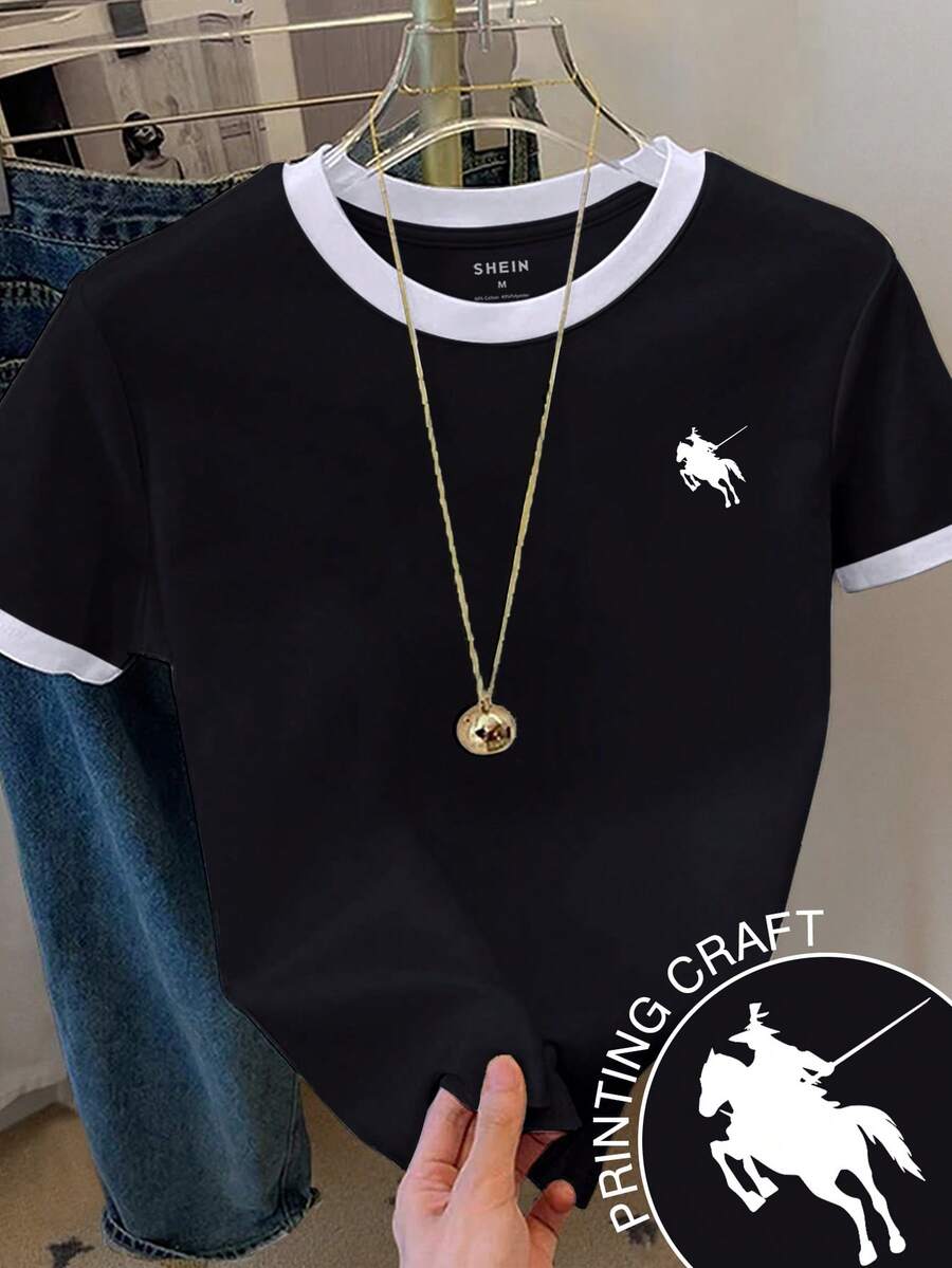 Resyla Plus Size Contrast Trim Embroidered Round Neck Casual Summer Short Sleeve T-Shirt - Black - View 1
