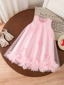SHEIN Elladie kids 1件装女童夏季无袖银箔装饰连衣裙，甜美可爱风格，优雅海滩度假装扮 - 粉色 - 查看 4