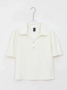 DAZY Camiseta De Manga Abullonada Y Tejido De Punto Acanalado Sólido - Blanco - Ver 7