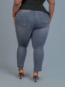 CurvyTilda Plus Size Casual Distressed Slim Fit Denim Jeans, For Hourglass Body Shape - Black - View 2