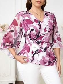 Reflora Plus Size Elegant All-Over Print Ruched Flare Sleeve Blouse, Summer Fall - Multicolor - View 7