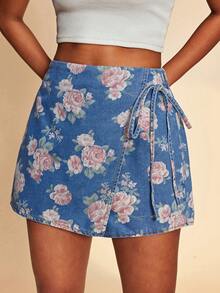 Travachic Quần short denim nữ kiểu dáng thường ngày, thắt eo, họa tiết hoa, thích hợp cho mùa hè. - Rửa trung bình - Xem 4
