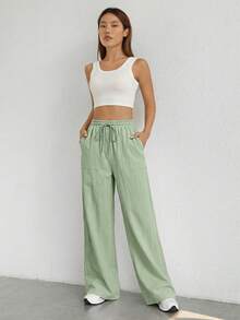 SHEIN EZwear 女士休闲度假通勤薄荷绿编织抽绳腰斜插口袋宽松阔腿裤 - 薄荷綠 - 查看 5