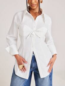 NYA SZN Top Tie Front Seaming Long Sleeve Collared Button Up Blouse Bust Bra Detail Outfits For Women - White - View 1