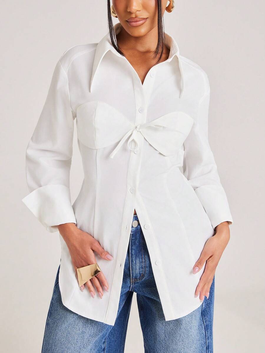 NYA SZN Top Tie Front Seaming Long Sleeve Collared Button Up Blouse Bust Bra Detail Outfits For Women - White - View 1