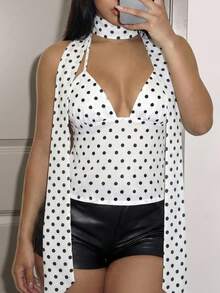 Slaydiva Blusa de verano sexy con escote de corbata de lunares y espalda descubierta - Blanco y Negro - Ver 6