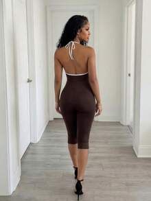 BamGleam Bộ jumpsuit ôm sát gợi cảm không đường may SHEIN, kiểu cổ yếm hở lưng, cổ chữ V sâu. - Màu nâu  Mocha - Xem 2