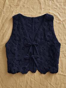 Travachic Áo vest dệt kim dáng suông thắt nơ phía trước dành cho nữ, trang phục mùa thu, trang phục mùa thu cho nữ, trang phục dự tiệc cho nữ. - Màu xanh hải quân - Xem 6