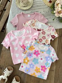 SHEIN Bộ 4 áo thun cổ tròn in hoa cho bé gái, dễ thương và đa năng, phù hợp mặc hàng ngày. - Nhiều màu - Xem 7