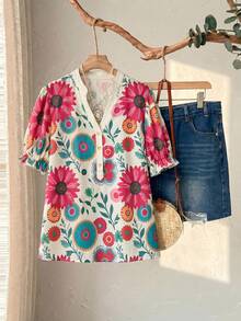 Rusticease Women's Casual Floral Print Shirt,Summer Top - Apricot - View 3