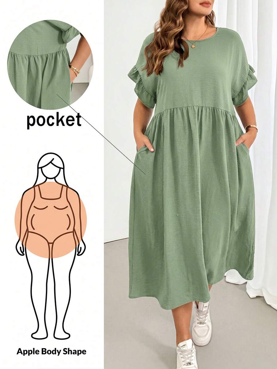 Shapeblank Plus-Size Women's Spring/Summer Fashionable Casual Loose Comfortable Everyday Basic Versatile Slimming Ruffled Sleeves Pocket Black Midi Dress,Simple Style,Summer Outfits,European Summer - Green - View 1