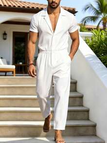 VENTUSAIL Men's White Casual Elastic Waist Jumpsuit And Bib Pants, Holiday - White - View 1